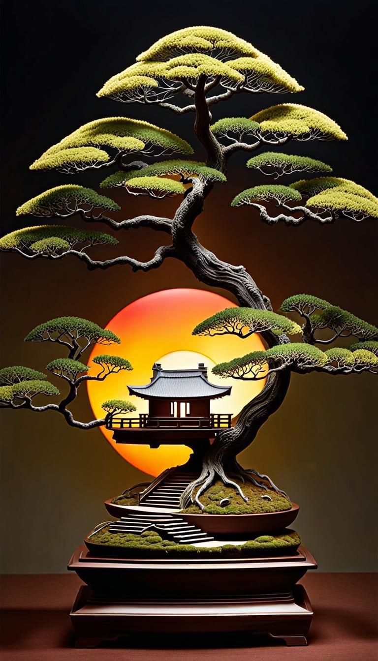 Bonsai Sunset: Double Exposure Abstract Art