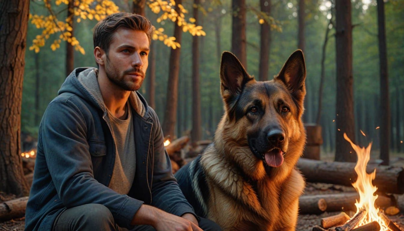 Man and Dog by Campfire in Hyper-Realistic Photo