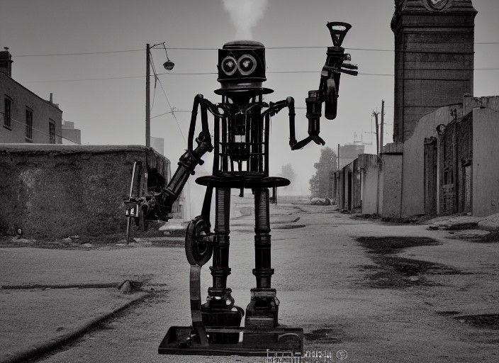 an old 19th century style steam powered robot standing alone...