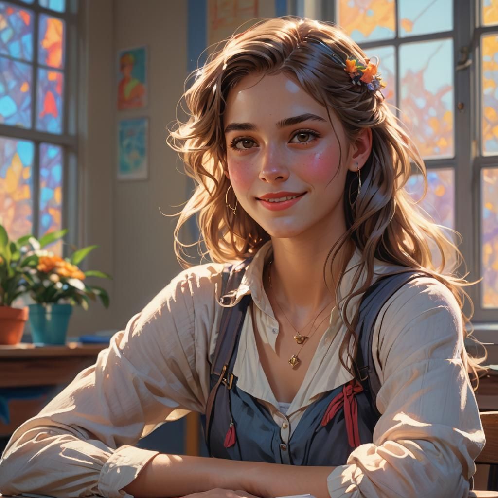 Young Woman Portrait with Sunlight as Digital Art