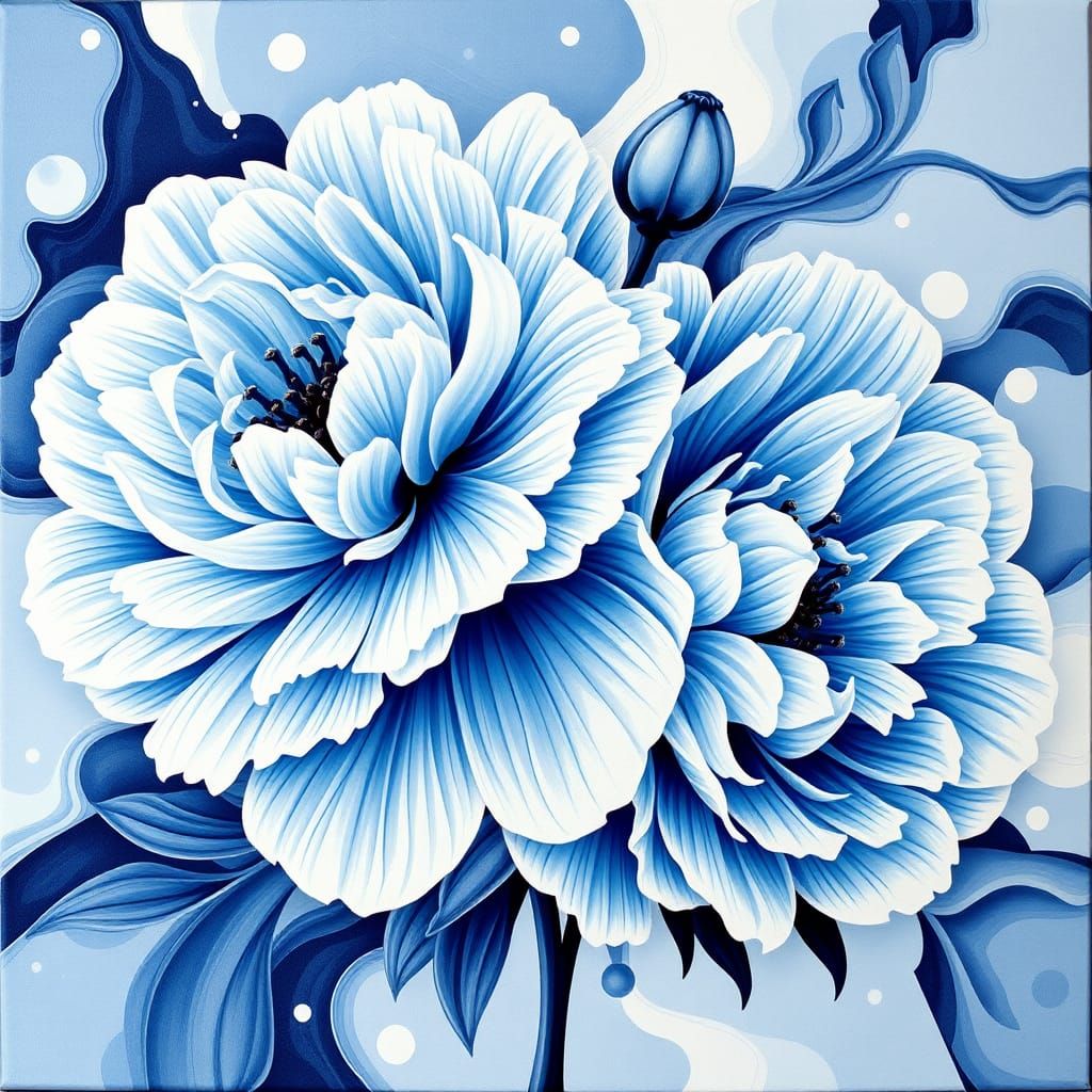 Blue and White Peonies in Automatism Style