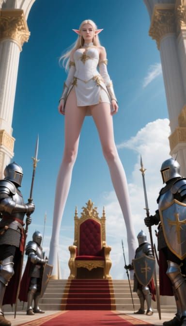 Tall Elf Woman in Palace Throne Room with Knights