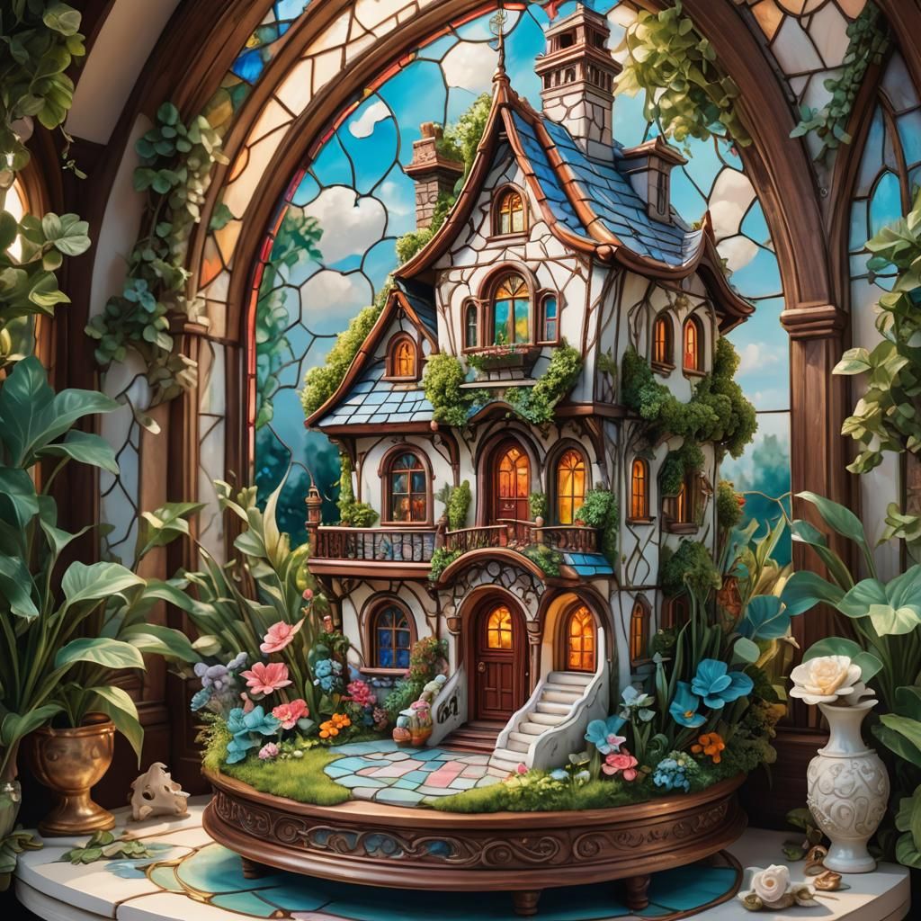 Whimsical Shoe Dollhouse: Vibrant Oil Painting