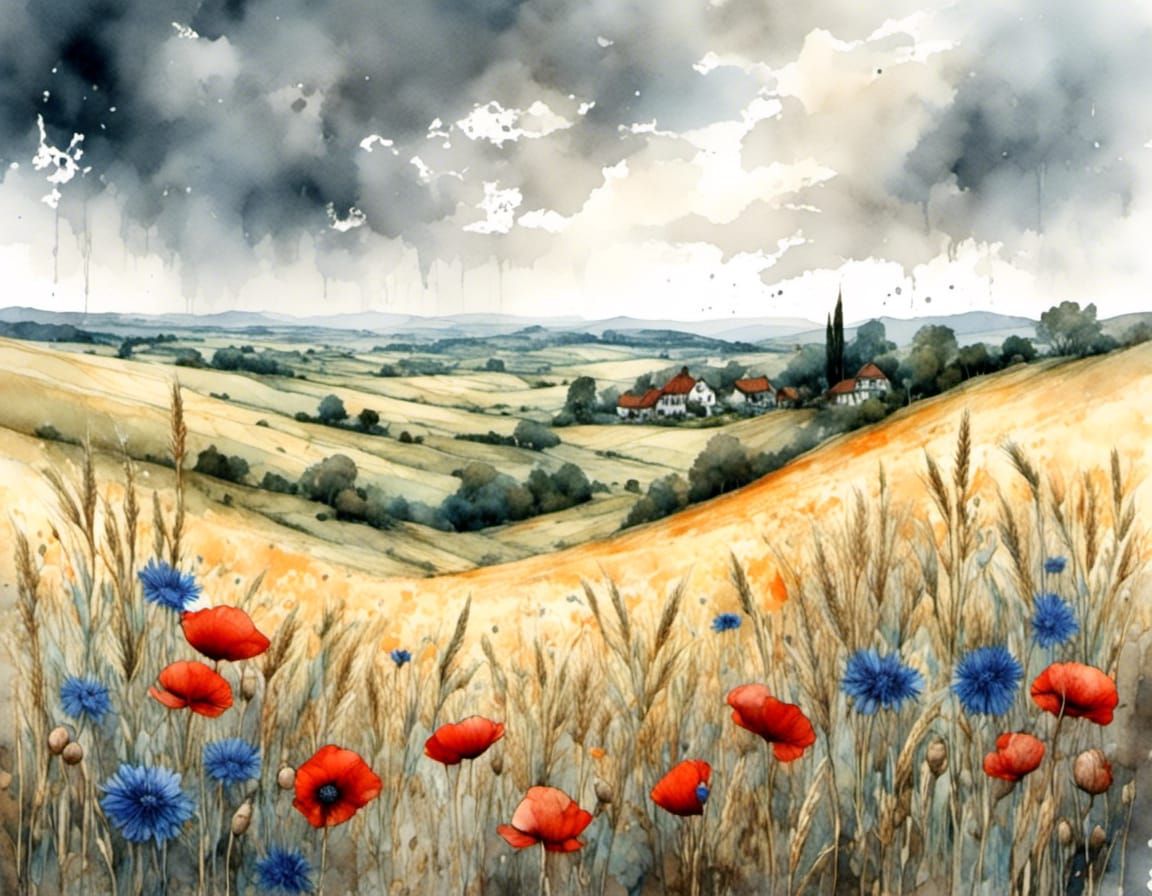 Rainy Summer Day in Barley Field, Watercolour