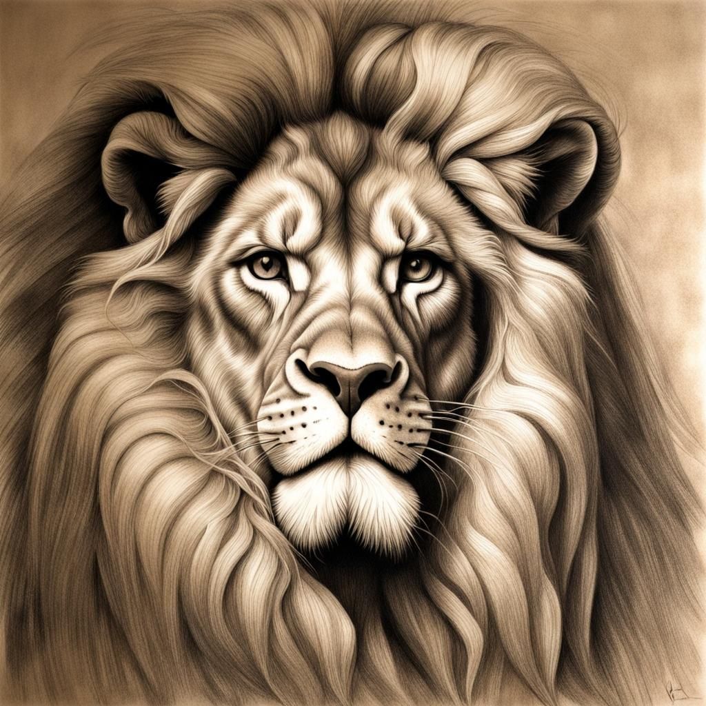 Lion Drawing in Sepia Pencil, Renaissance Style