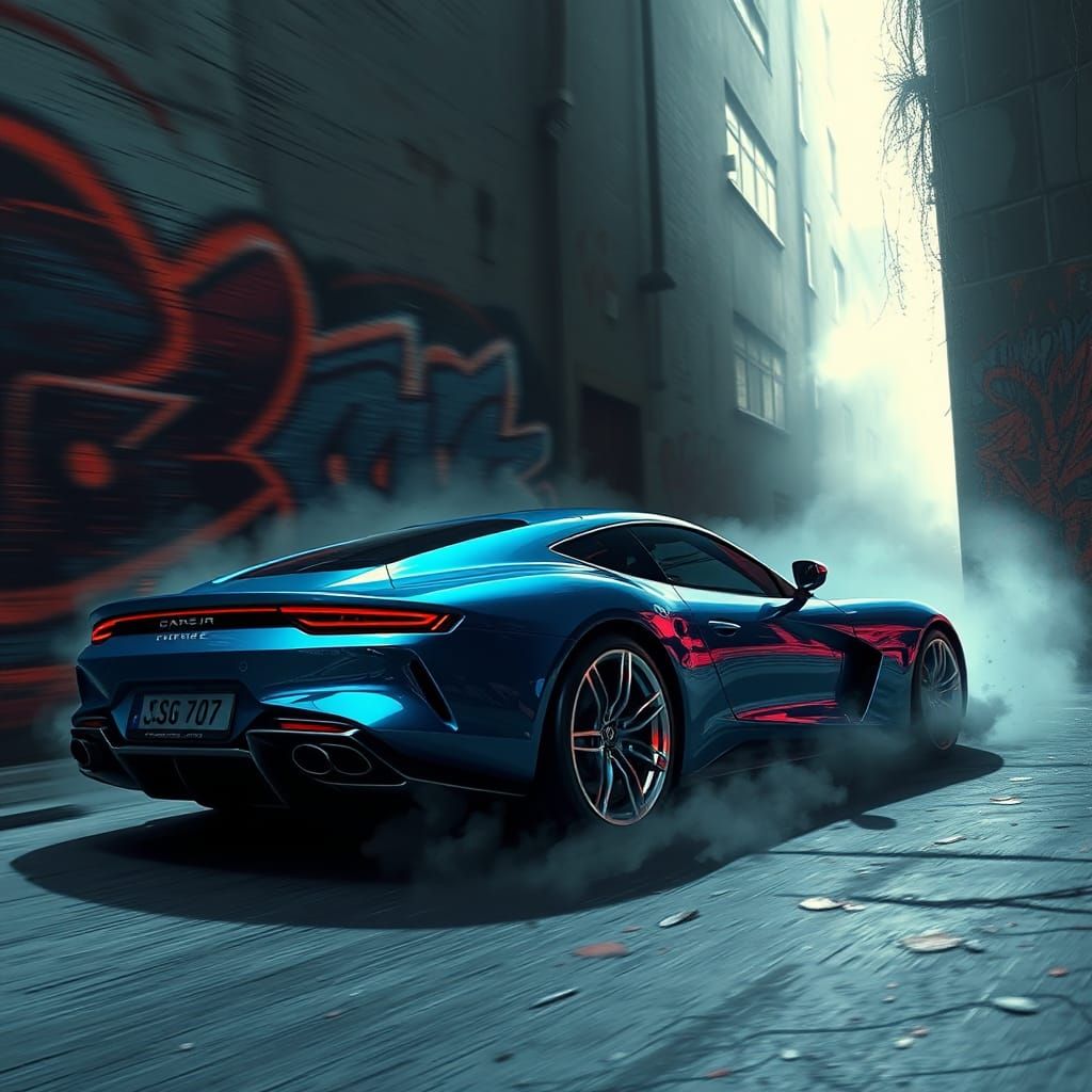 Sleek Blue Car Speeding Down Dark Alleyway