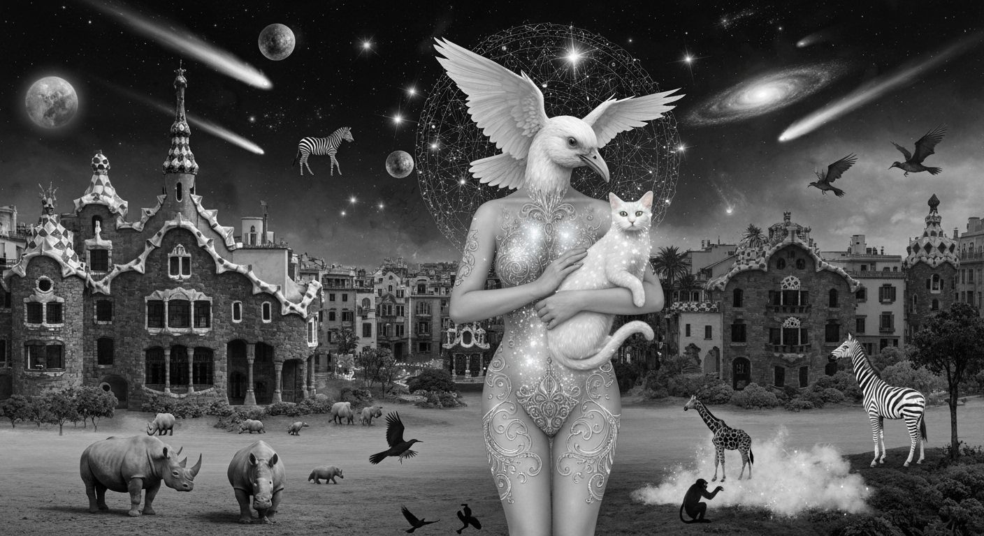 Ethereal Woman with Bird Head in Gaudí Cityscape