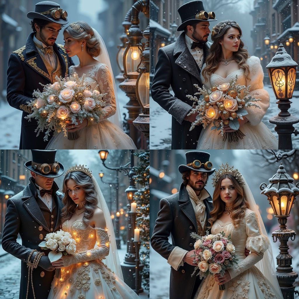 Elegant Steampunk Winter Bride Adorns Cobblestone Streets wi...