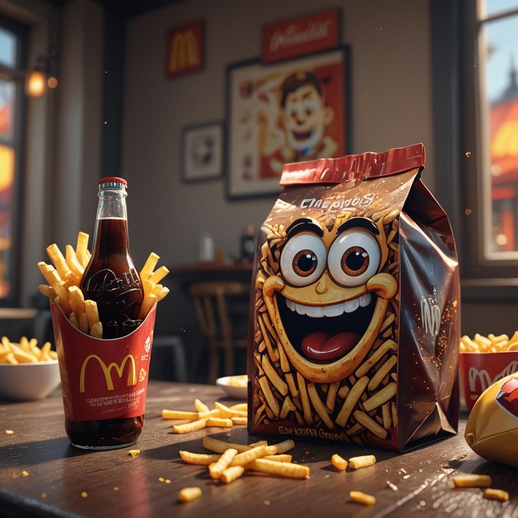 Cheerful Cola Bottle and Fries, Art Nouveau Splash Art