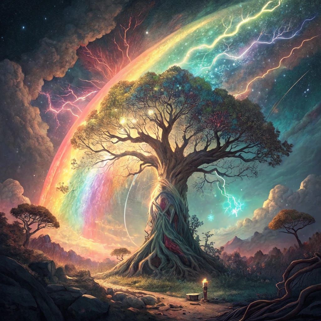 Majestic Yggdrasil Figure Illuminated by Vibrant Rainbows