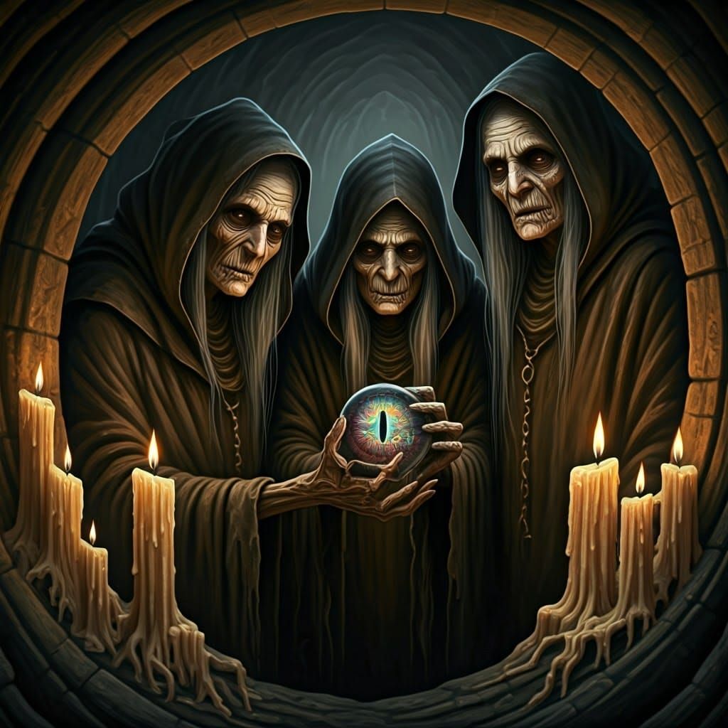 Stygian Witches in Dark Cavern, Inspired by Caravaggio