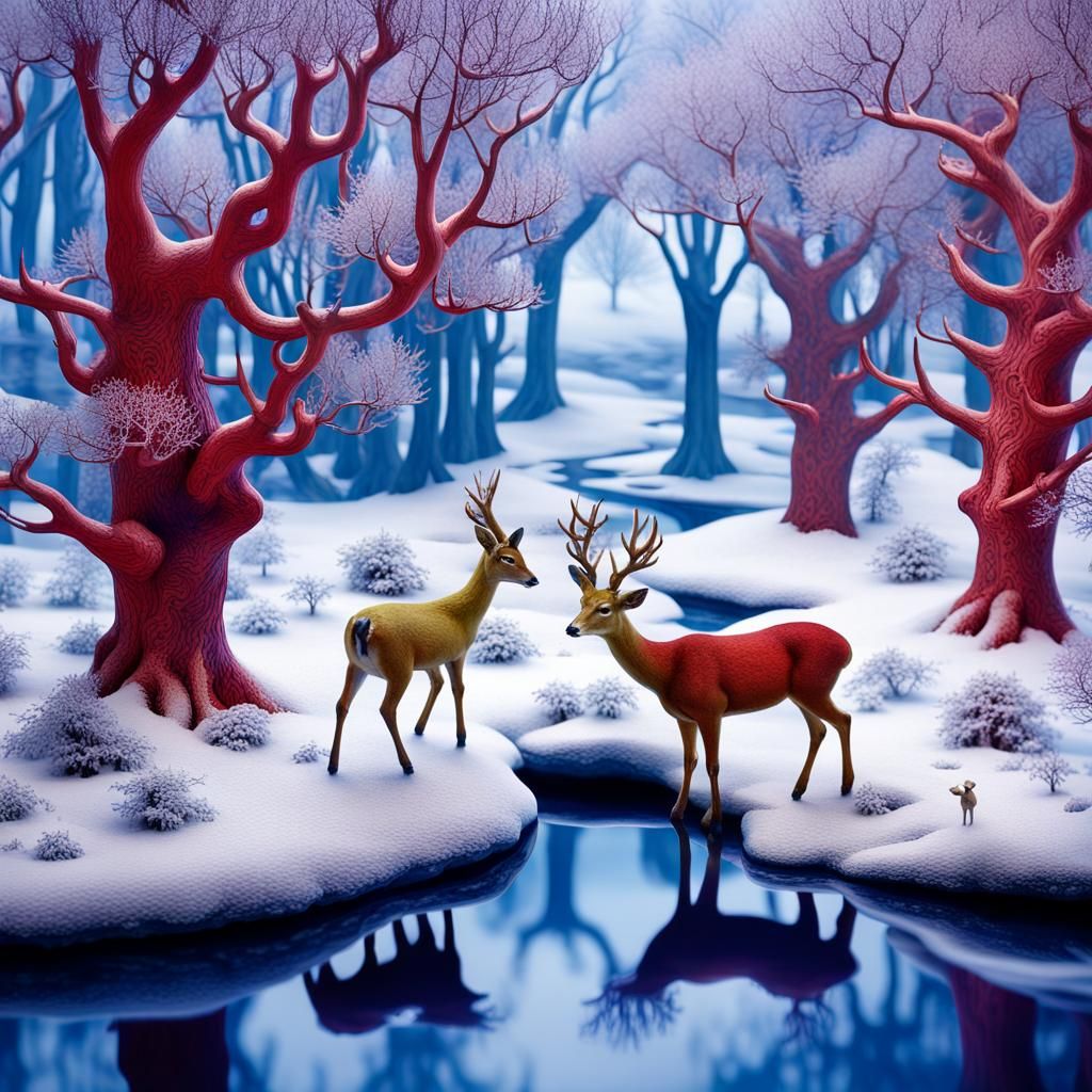Winter River Diorama with Deer, Psychedelic Art Style