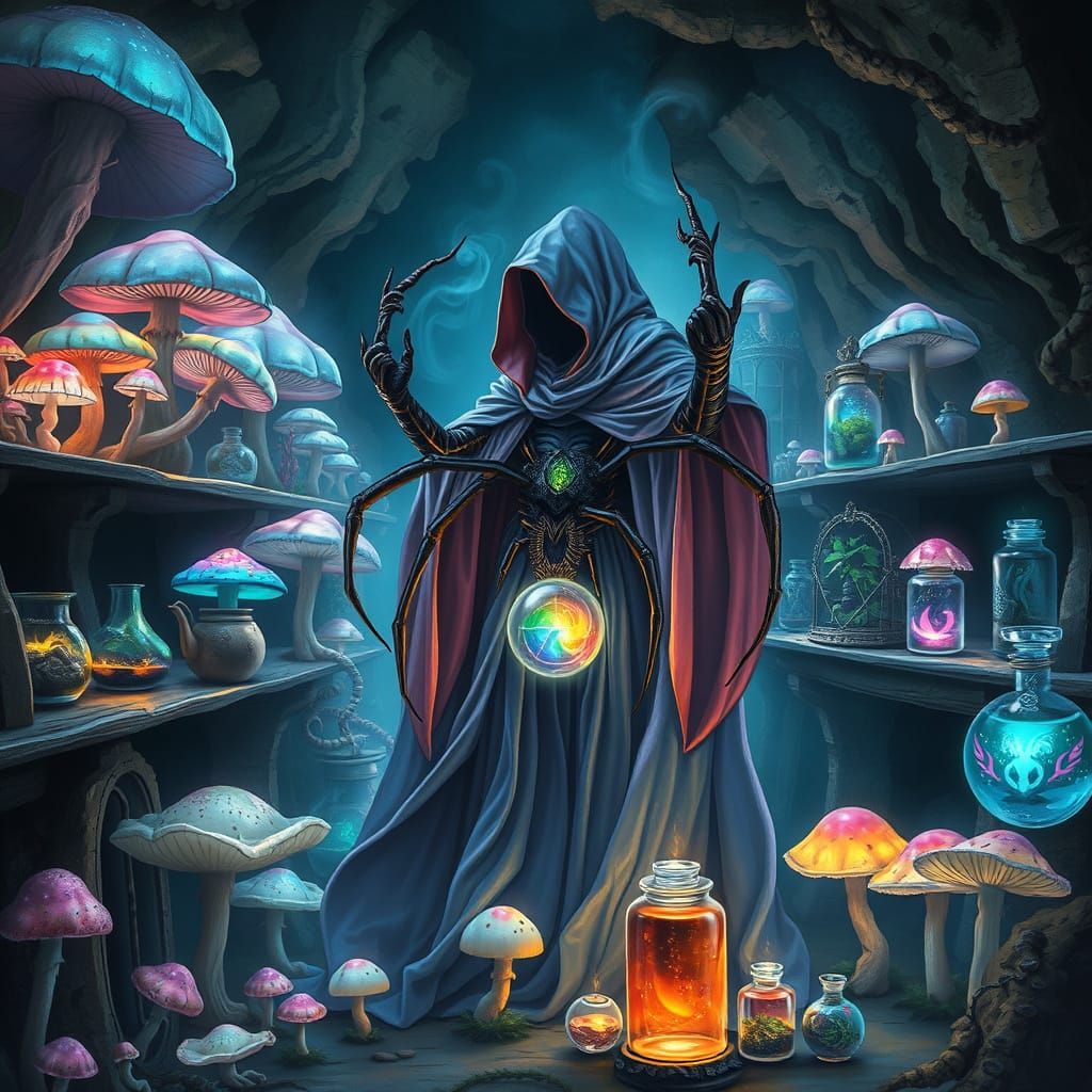 Surreal Bioluminescent Alchemist in a Glowing Cavern