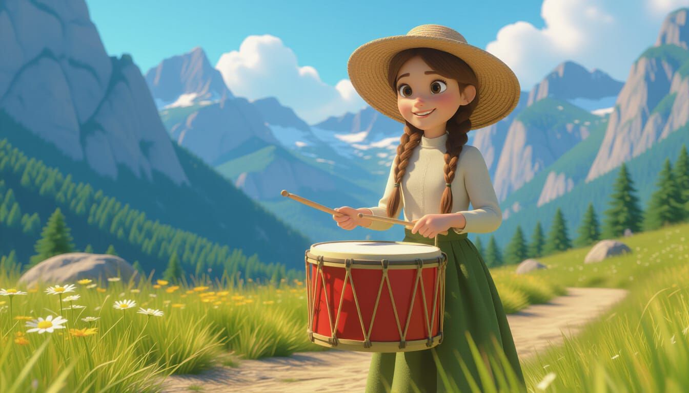 Animated Girl Plays Bucket Drum in Pixar 3D Style
