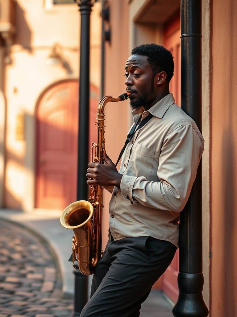 Man Plays Saxophone in Warmly Lit Alleyway