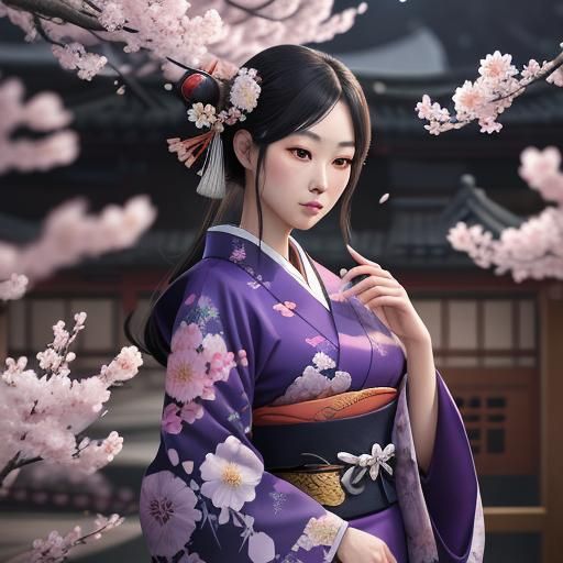 Regal Geisha in Moonlit Garden: 3D Anime Art