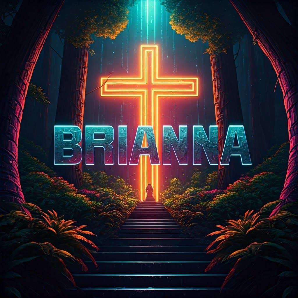 Write the name "Brianna" with an enchanted forest background with neon colors brilliant lighting and 8k. Name design and...