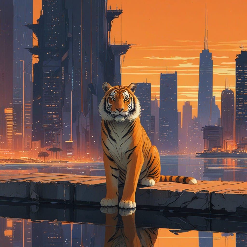 Fluffy Tiger Over Futuristic Cityscape in Watercolor Style