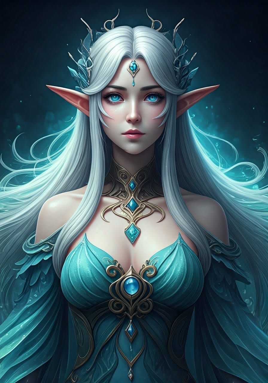 Ethereal Elf Goddess in Ocean-Inspired Attire