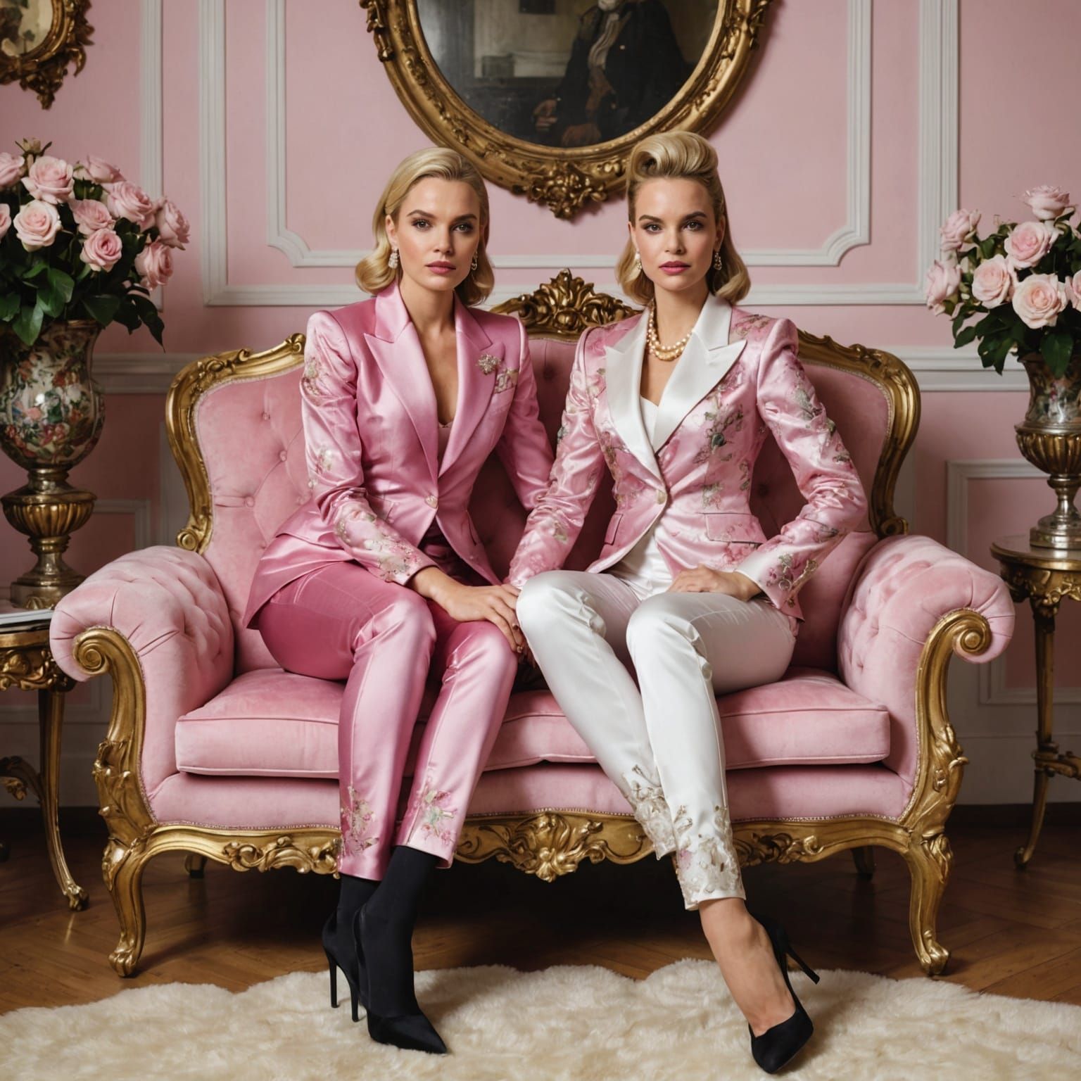 Blonde Women in Pink Suits on Baroque Sofa