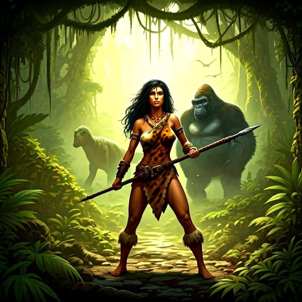 Cavewoman, Gorillas, and Dinosaurs in Comic Book Style