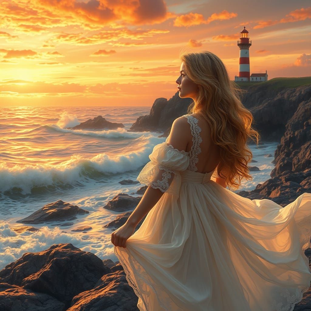 Ethereal Sunset on Rocky Shore in Dreamy Oil Painting Style