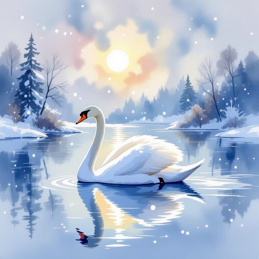 Majestic Swan on Snowy Lake in Watercolor Style