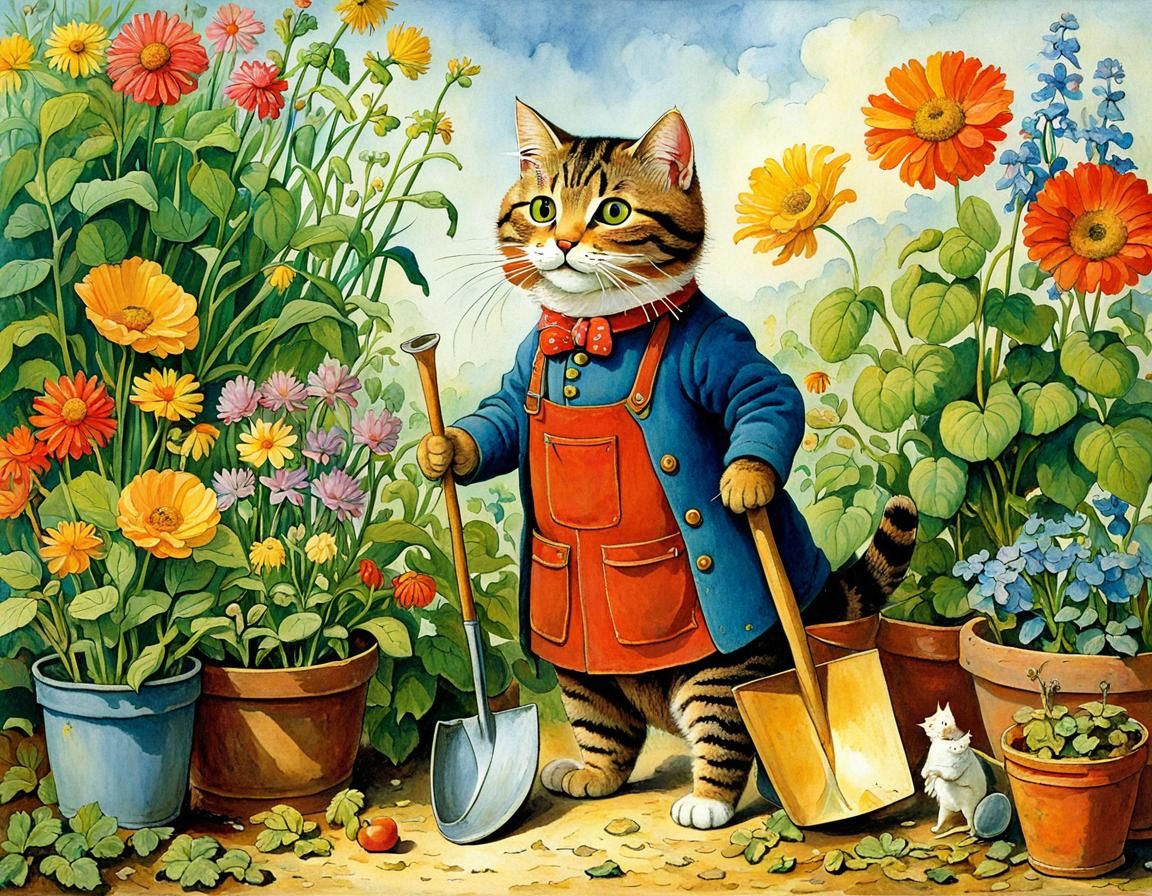 Whimsical Feline Gardener in Vibrant Storybook Style