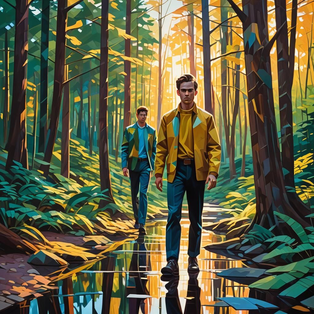 Geometric Man in Cubist Forest at Sunrise