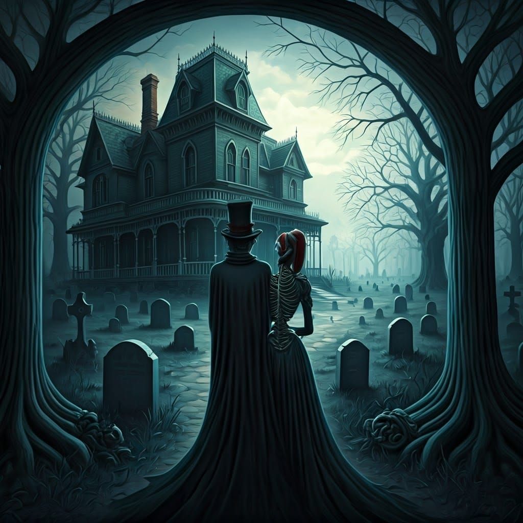 Enchanted Gothic Skeleton Couple in Victorian Graveyard