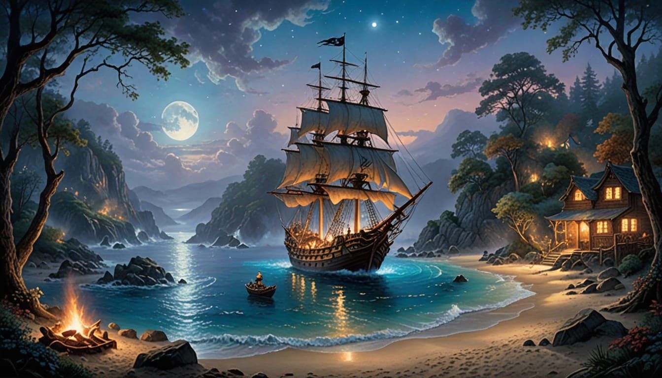 Mystical Pirate Cove at Night in Luminist Style