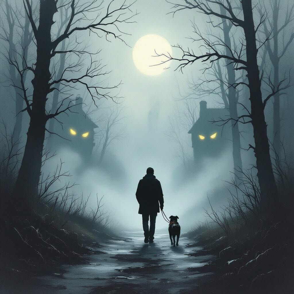 Eerie Evening Walk: Man and Dog on Misty Path