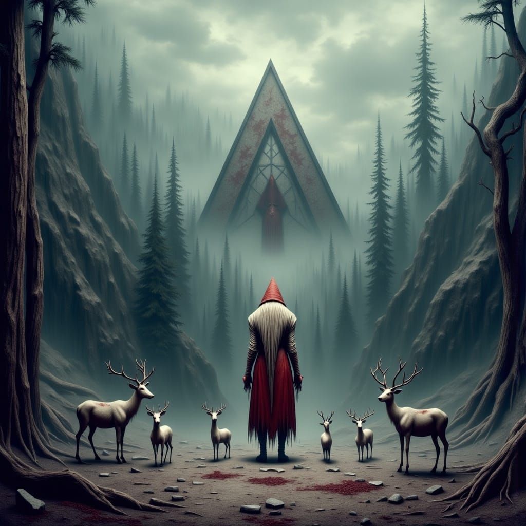 Surreal Santa in Mystical Mountain Landscape