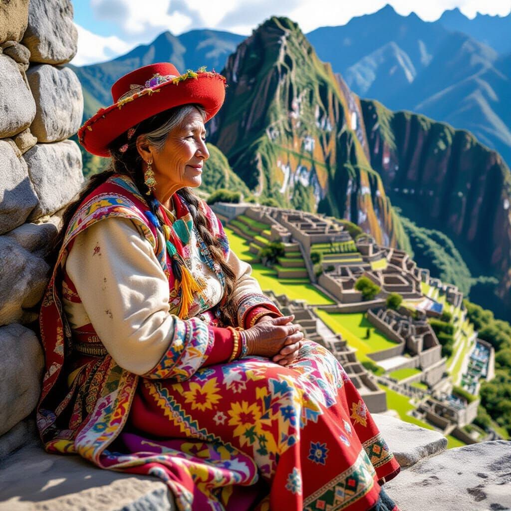 Wise Woman in Machu Picchu, Alphonse Mucha Style