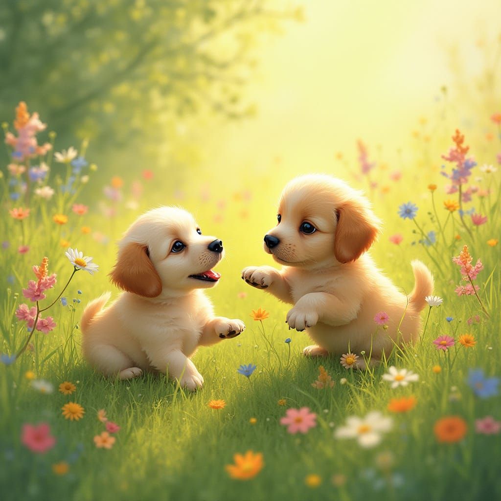 Whimsical Puppies in a Lush Green Meadow