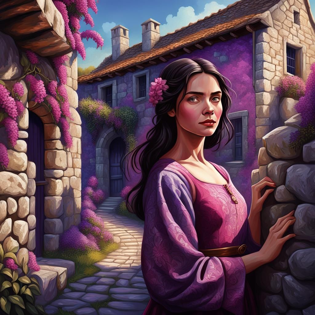 Woman with Bougainvillea in Cracked Oil Painting Style