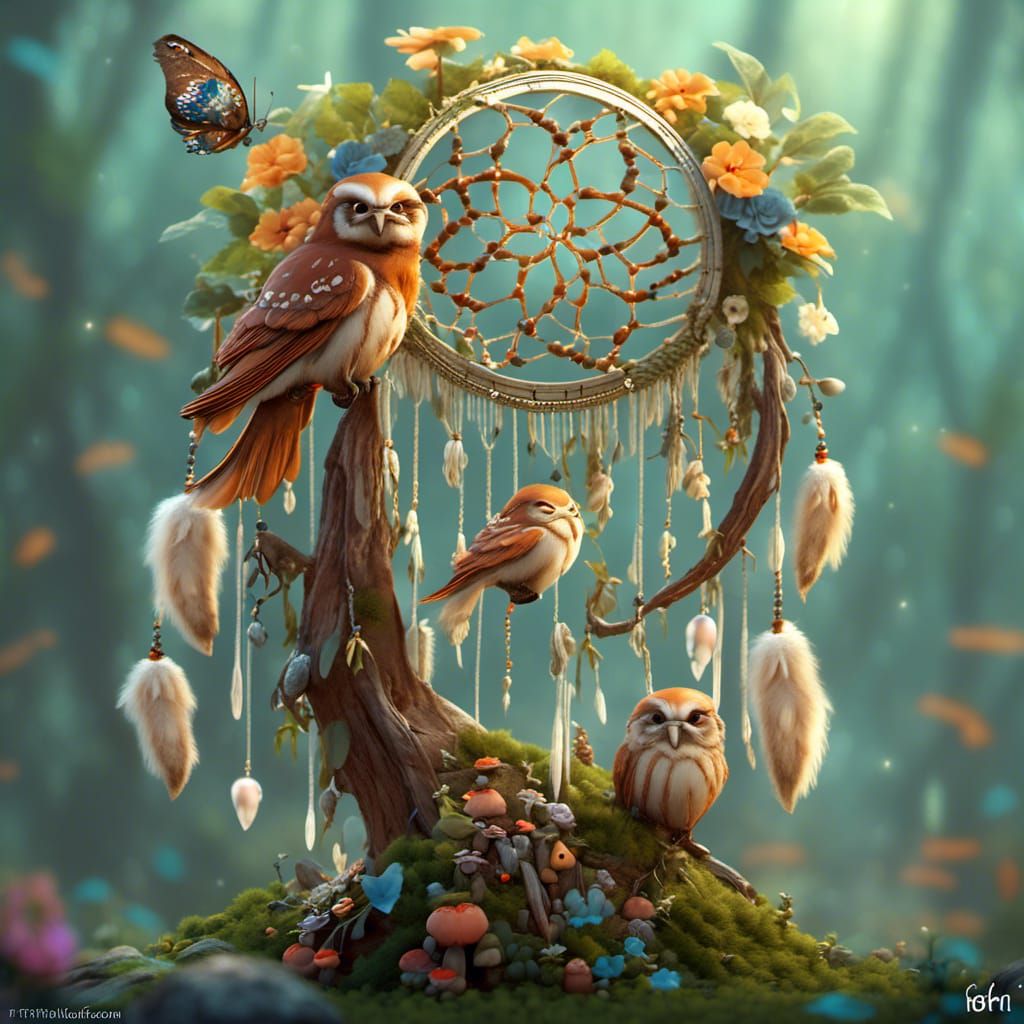 Fantasy Dreamcatcher with Woodland Creatures in Gouache Styl...