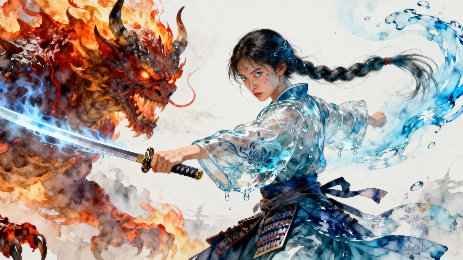 Water Samurai Battles Fire Monster in Dynamic Watercolor Art