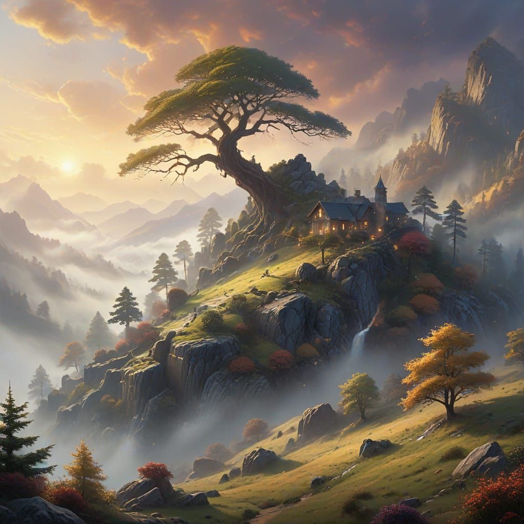 Sleeping Giant in Misty Valley: Ethereal Fantasy Art