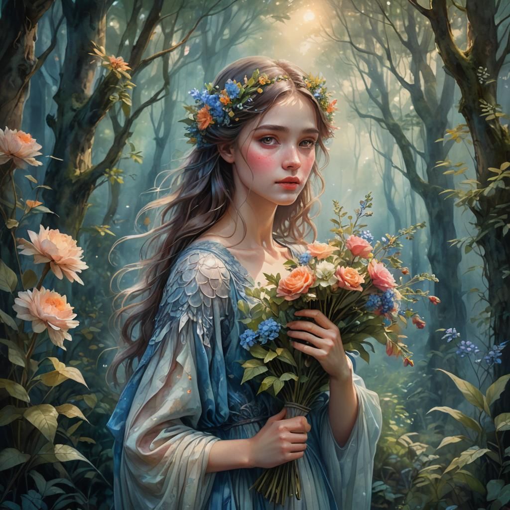 Ethereal Girl with Flowers in Fantasy Forest