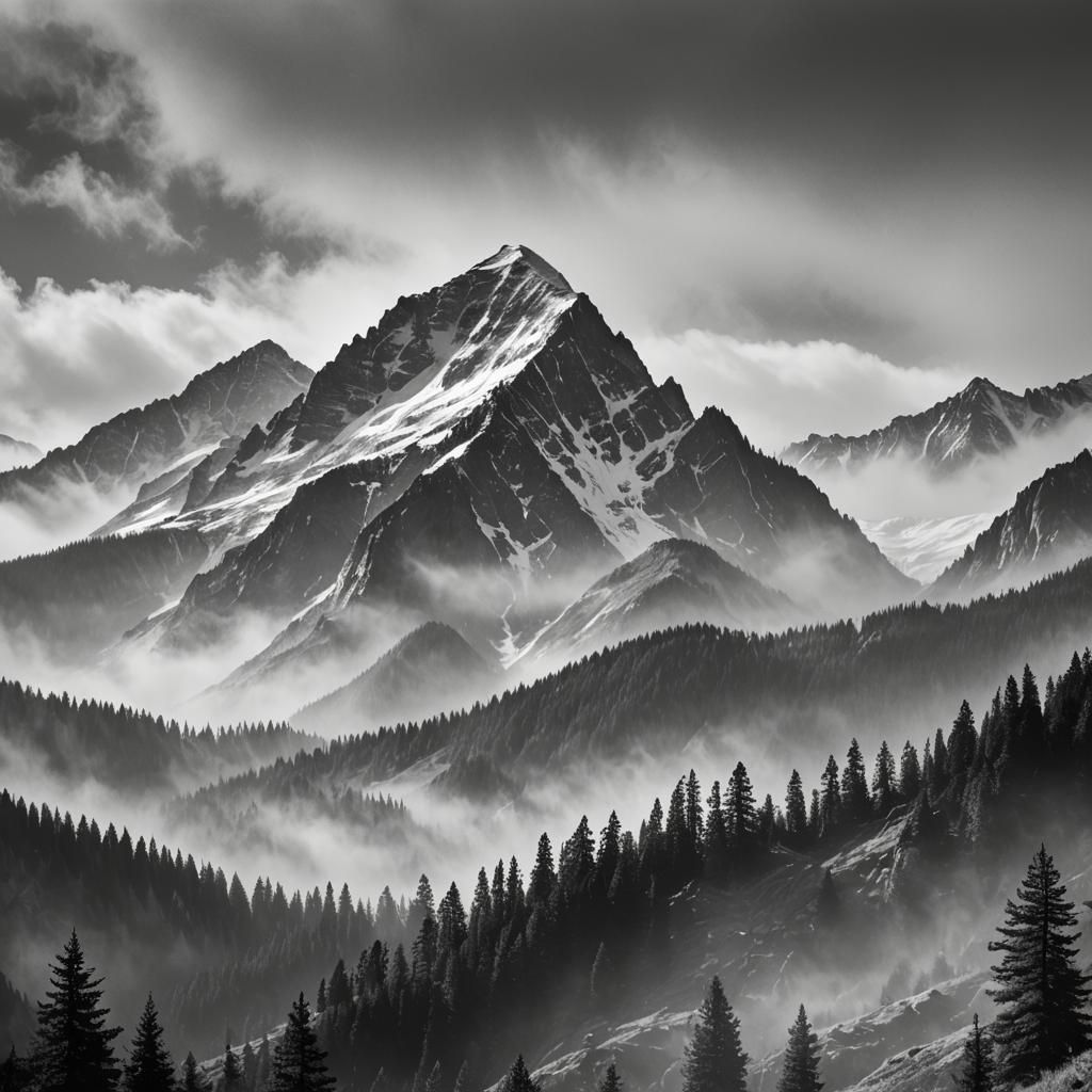 Majestic Mountain Landscape: High-Contrast Black and White P...