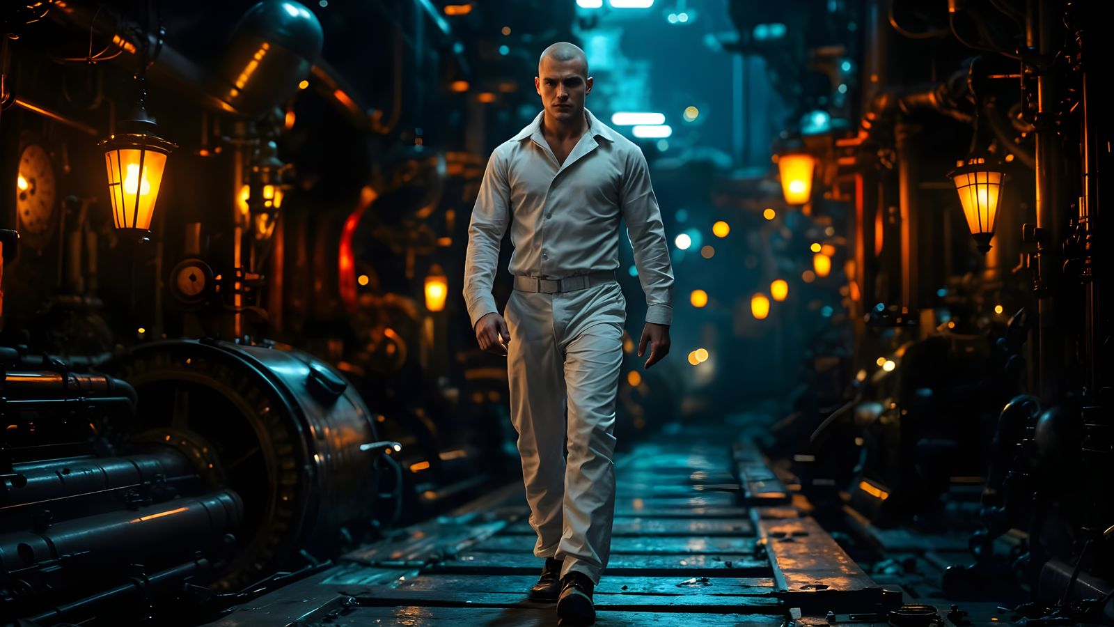 Handsome WWI Sailor on Steampunk Engine