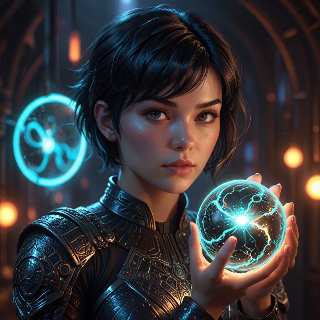 Young Woman Holding Glowing Orb in Neon Sci-Fi Concept Art