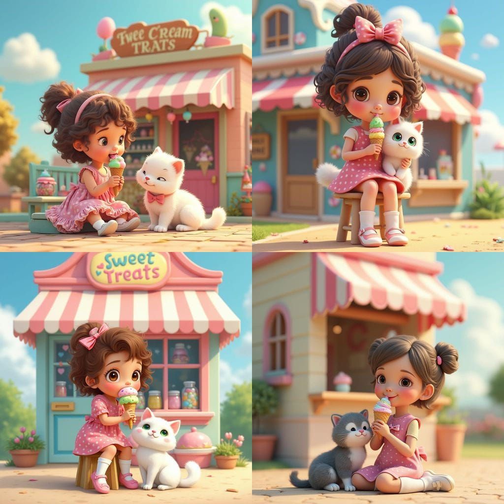 A 3D illustration of an adorable little girl with soft, realistic-looking hair, wearing a pink polka dot dress with a ma...