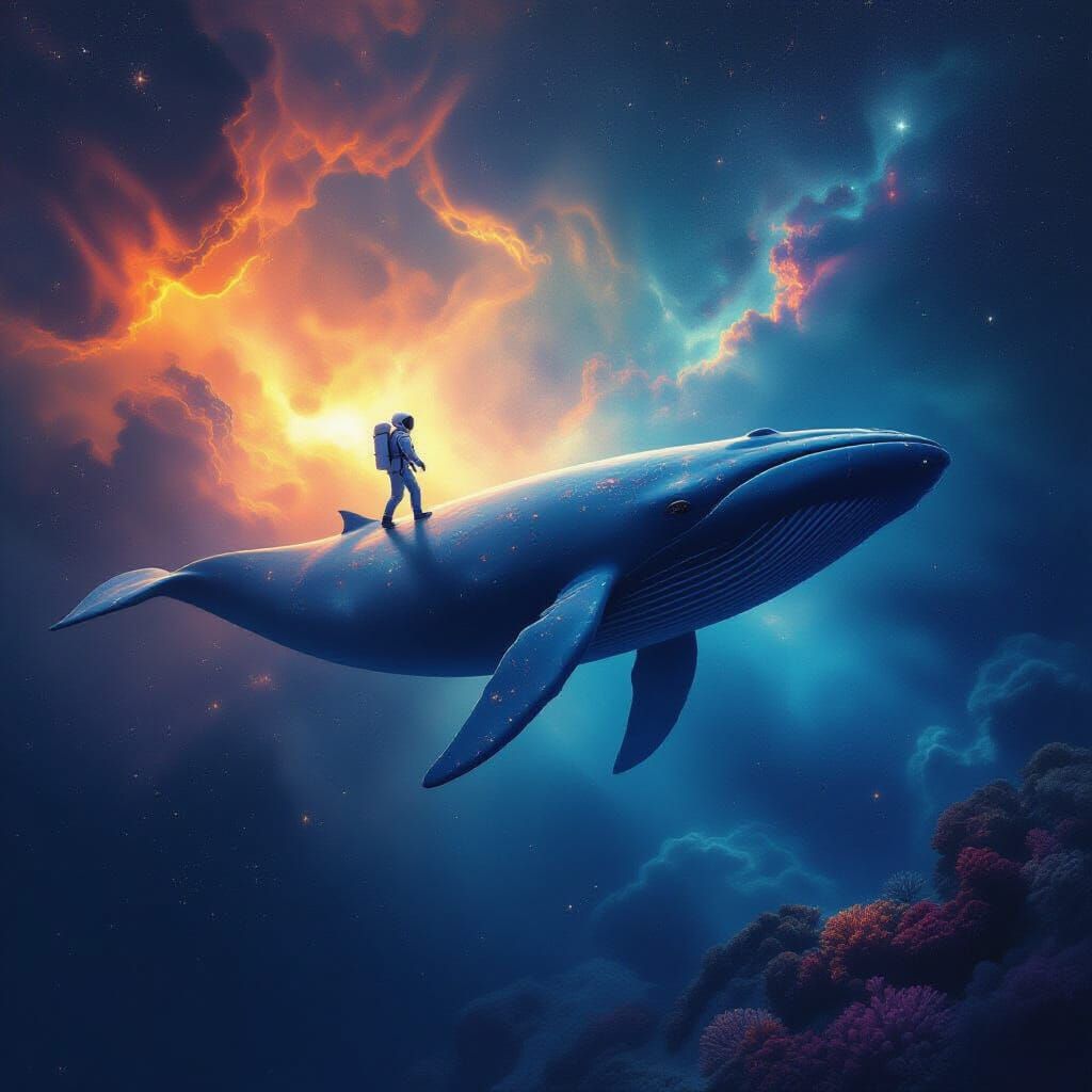 Astronaut's Surreal Ride on Space Whale in Digital Painting
