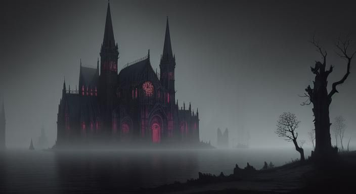 Gothic Steampunk Vampire Boat Under Dark Cathedral