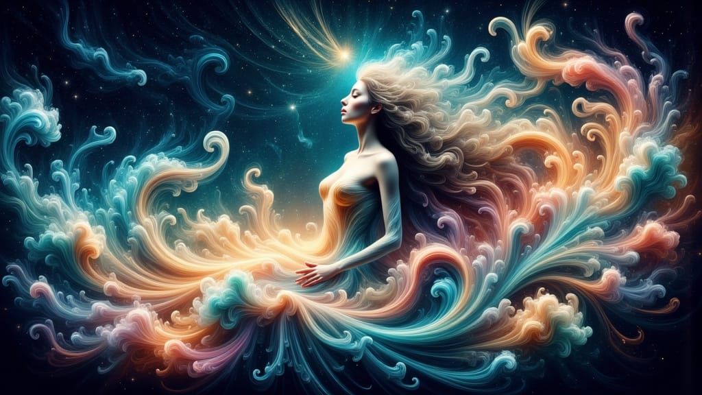 Celestial Goddess Emerges from Cosmic Vortex in Ethereal Bea...