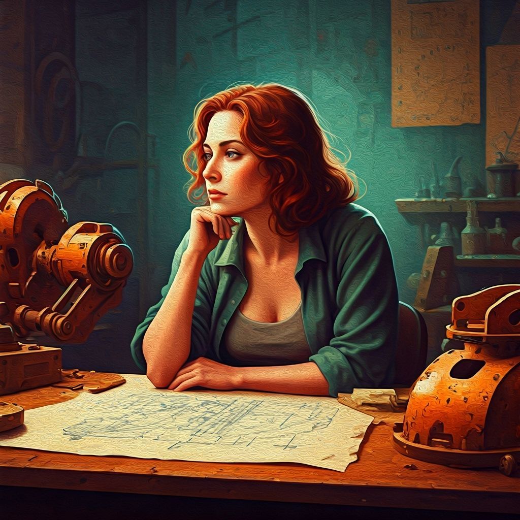 Vintage Woman in Workshop, Impasto Painting Style