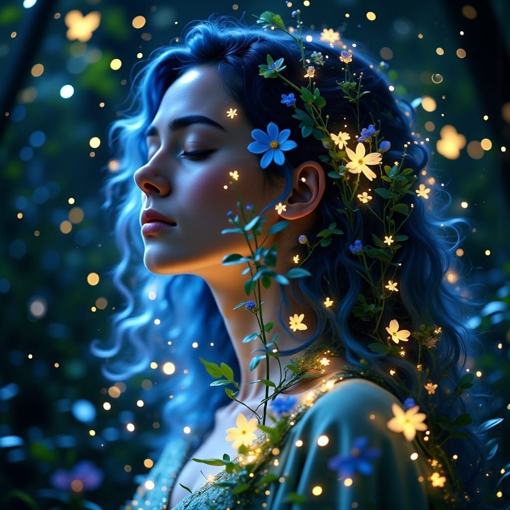 Ethereal Goddess Unites with Vibrant Bioluminescent Forest i...