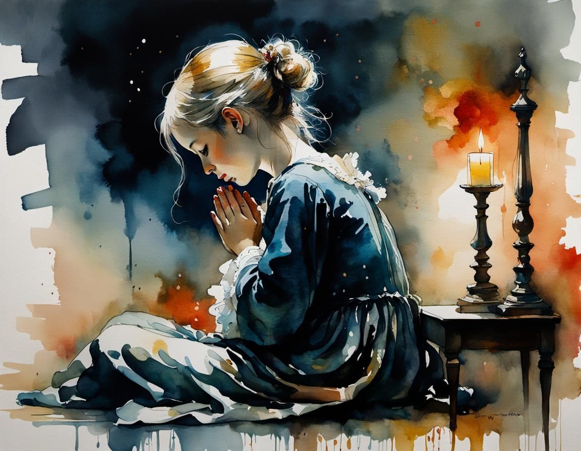 Child Saying Prayers: Moody Ink and Watercolor Art